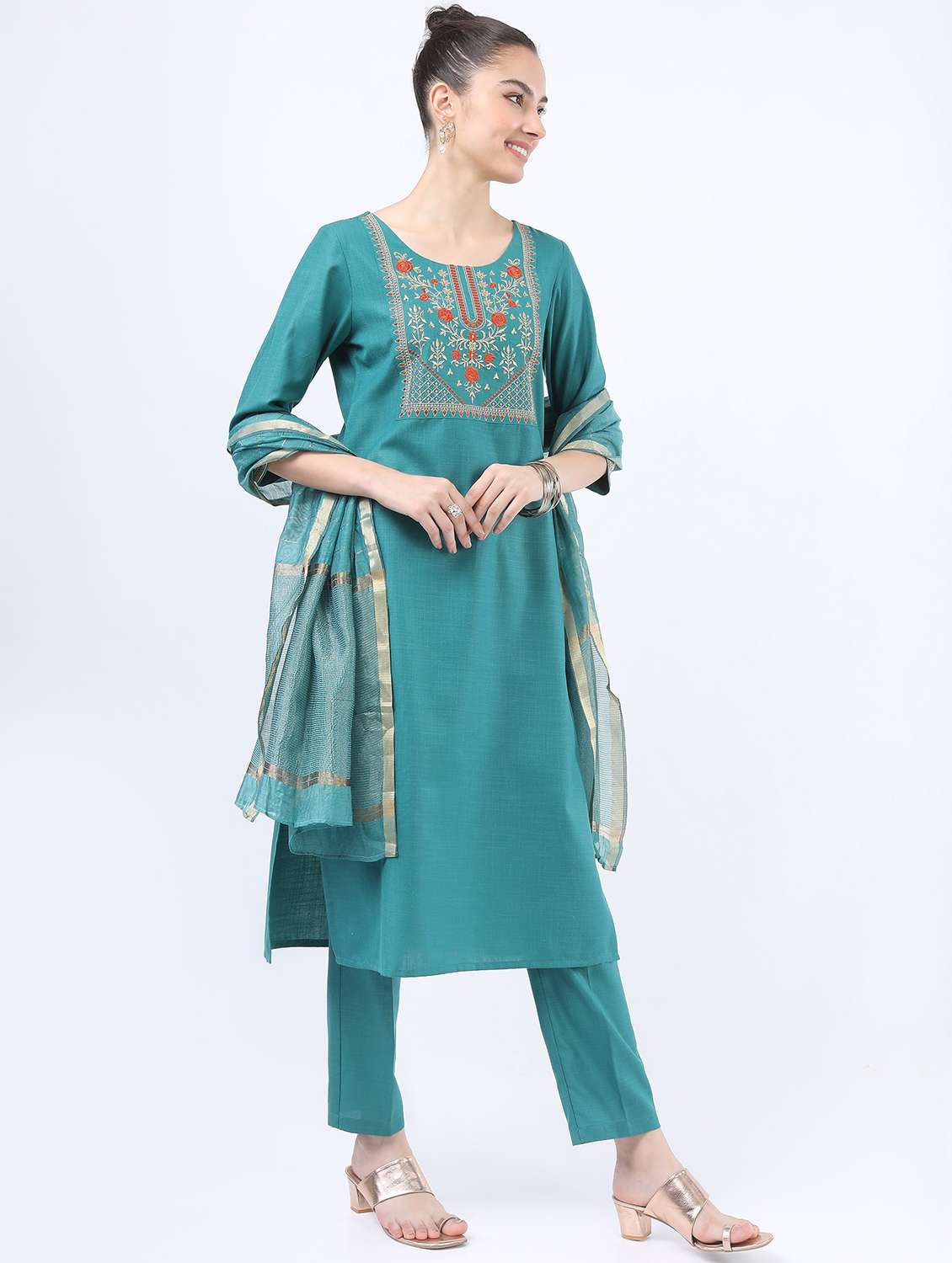 women turquoise kurta pant set with dupatta - 21488371 -  Standard Image - 1