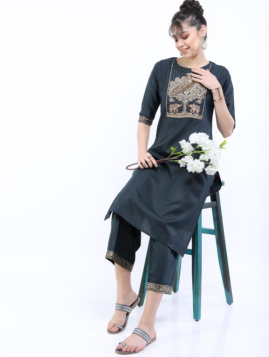 green printed kurta pant set - 21488379 -  Standard Image - 1