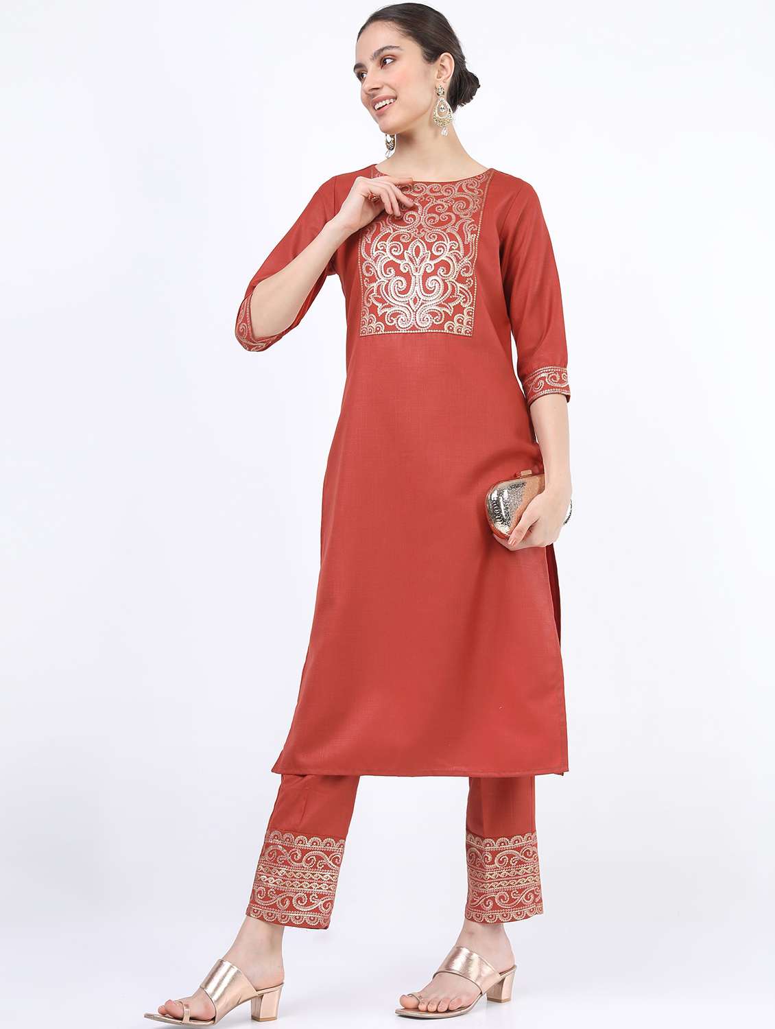 women rust  round neck kurta pant set - 21488390 -  Standard Image - 1
