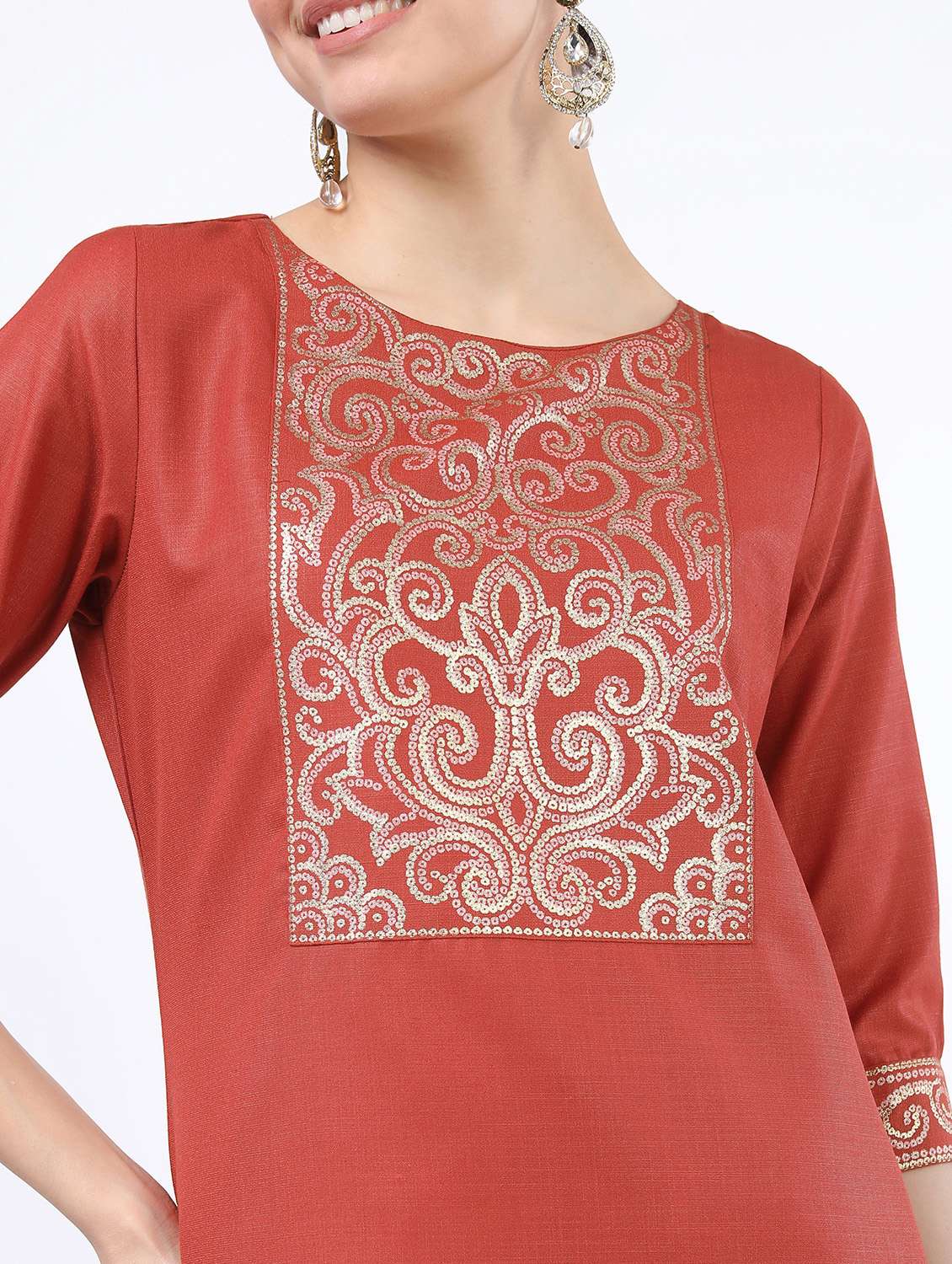 women rust  round neck kurta pant set - 21488390 -  Standard Image - 4