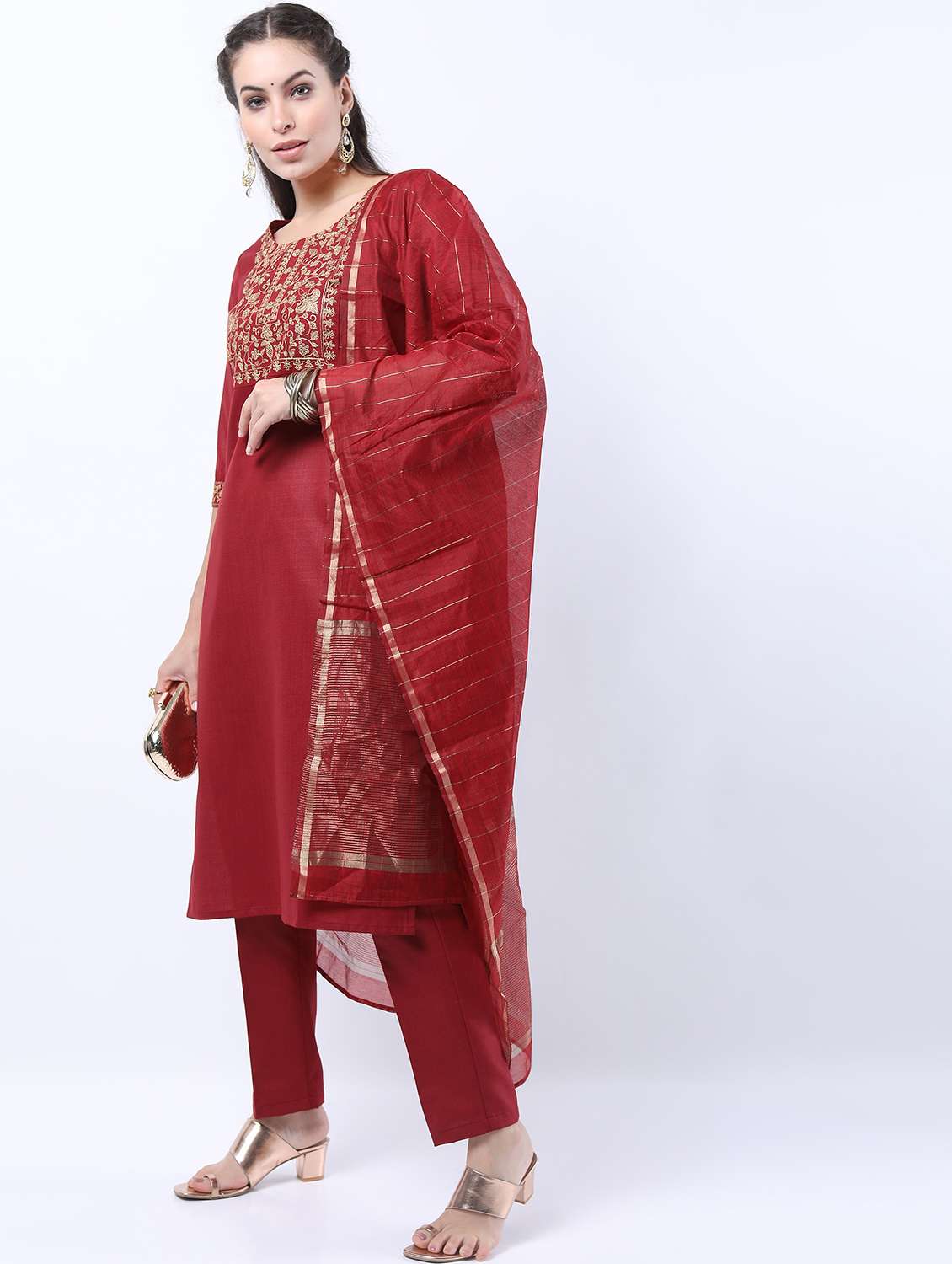red self-designed kurta pant set