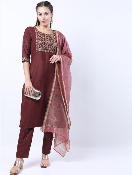 brown embroidered kurta pant set - 21488398 - Standard Image - 0