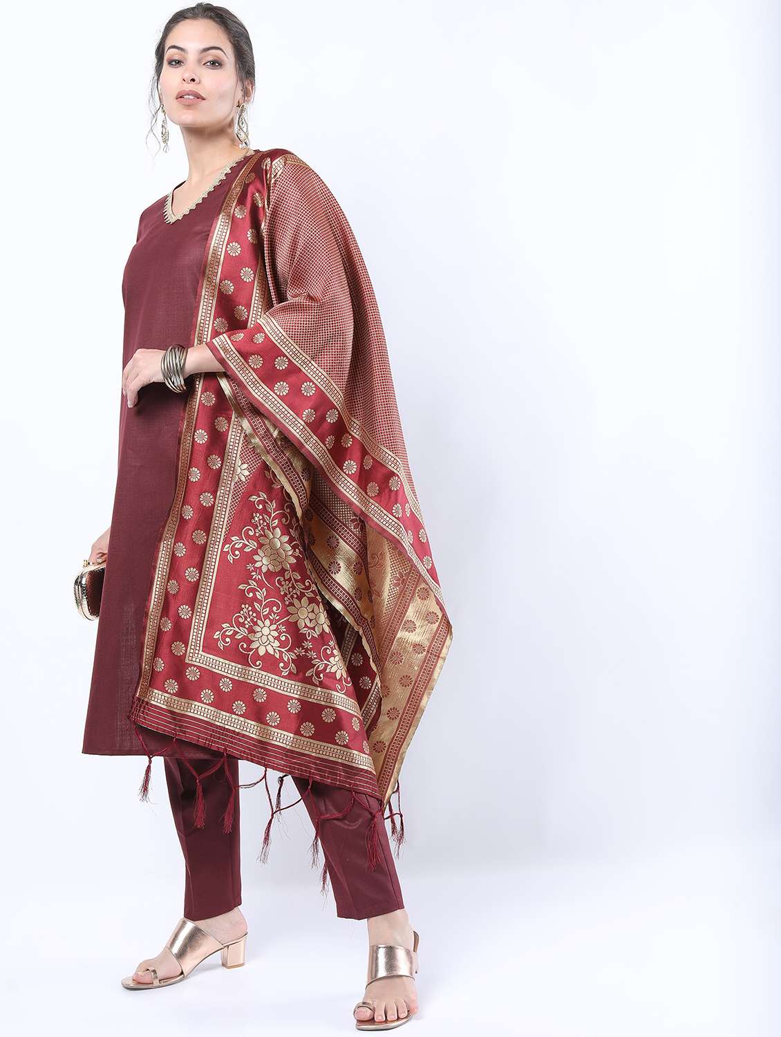 women maroon kurta pant set with dupatta - 21488414 -  Standard Image - 1