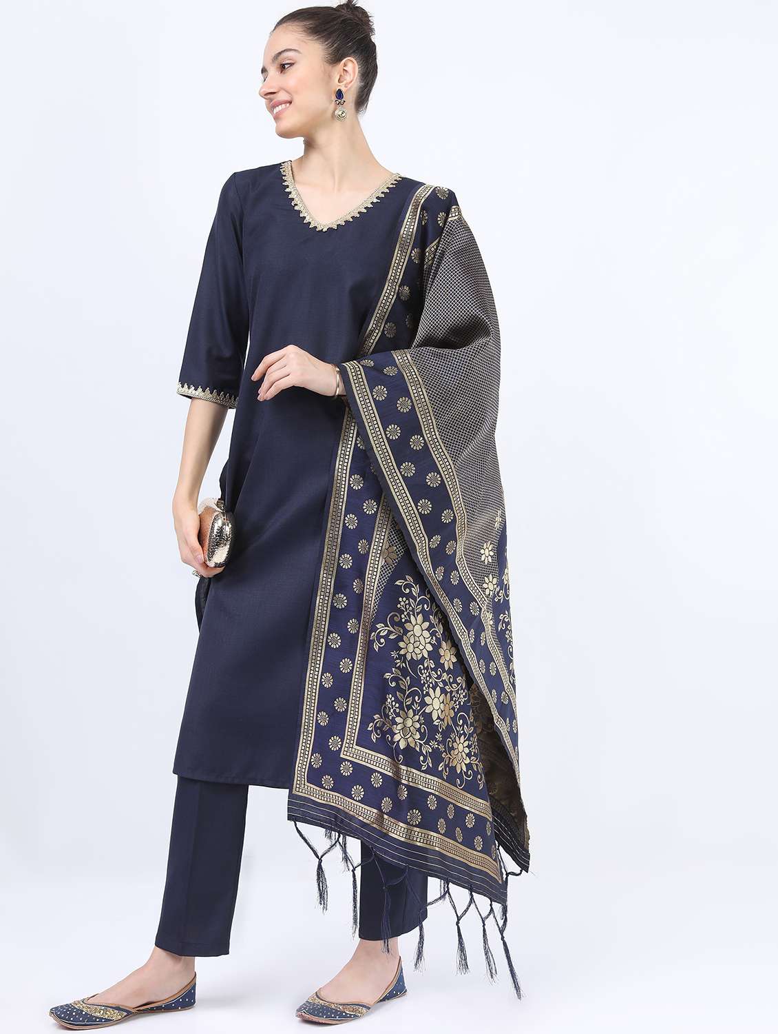 women navy blue kurta pant set with dupatta - 21488415 -  Standard Image - 1