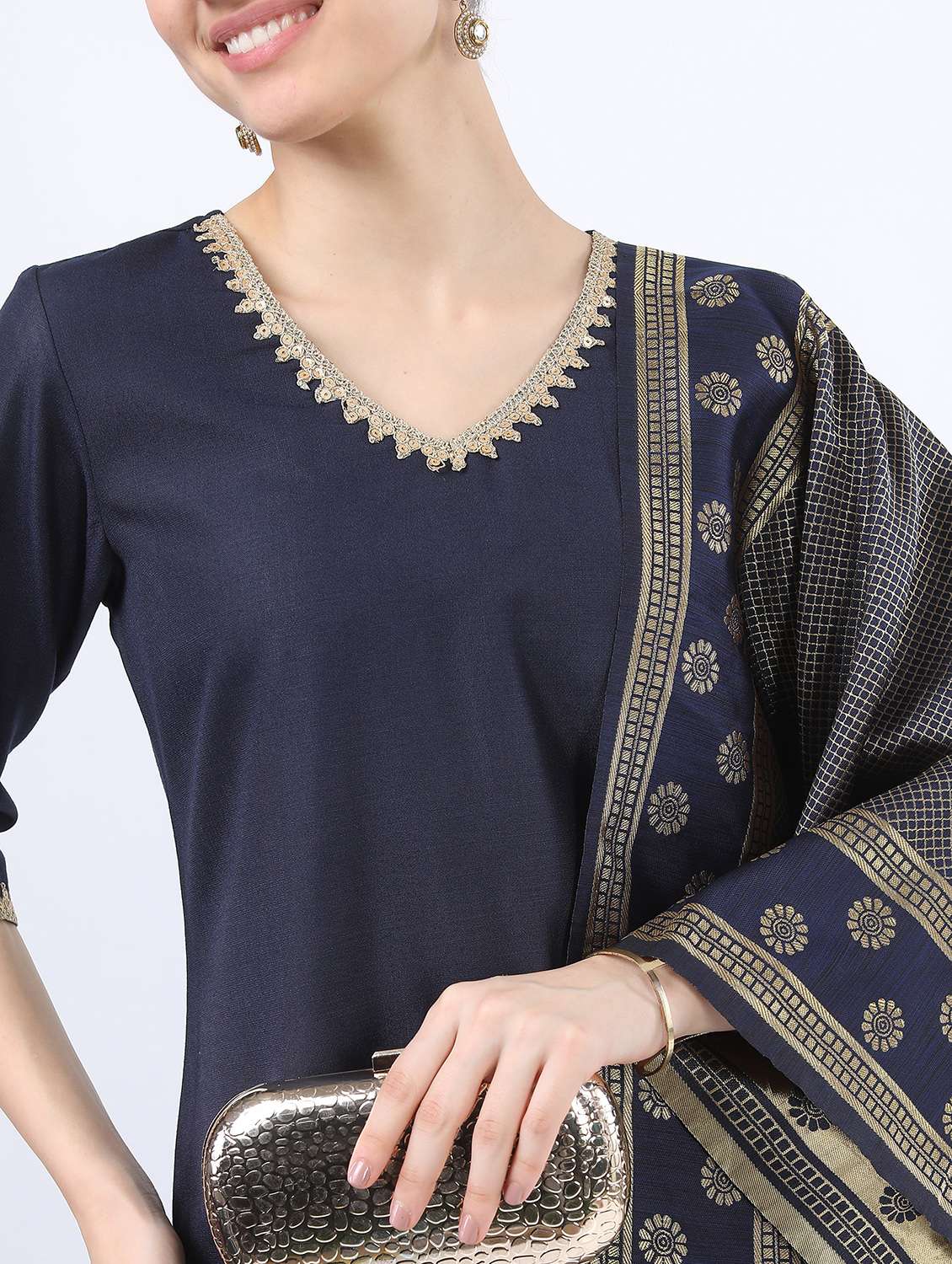 women navy blue kurta pant set with dupatta - 21488415 -  Standard Image - 4