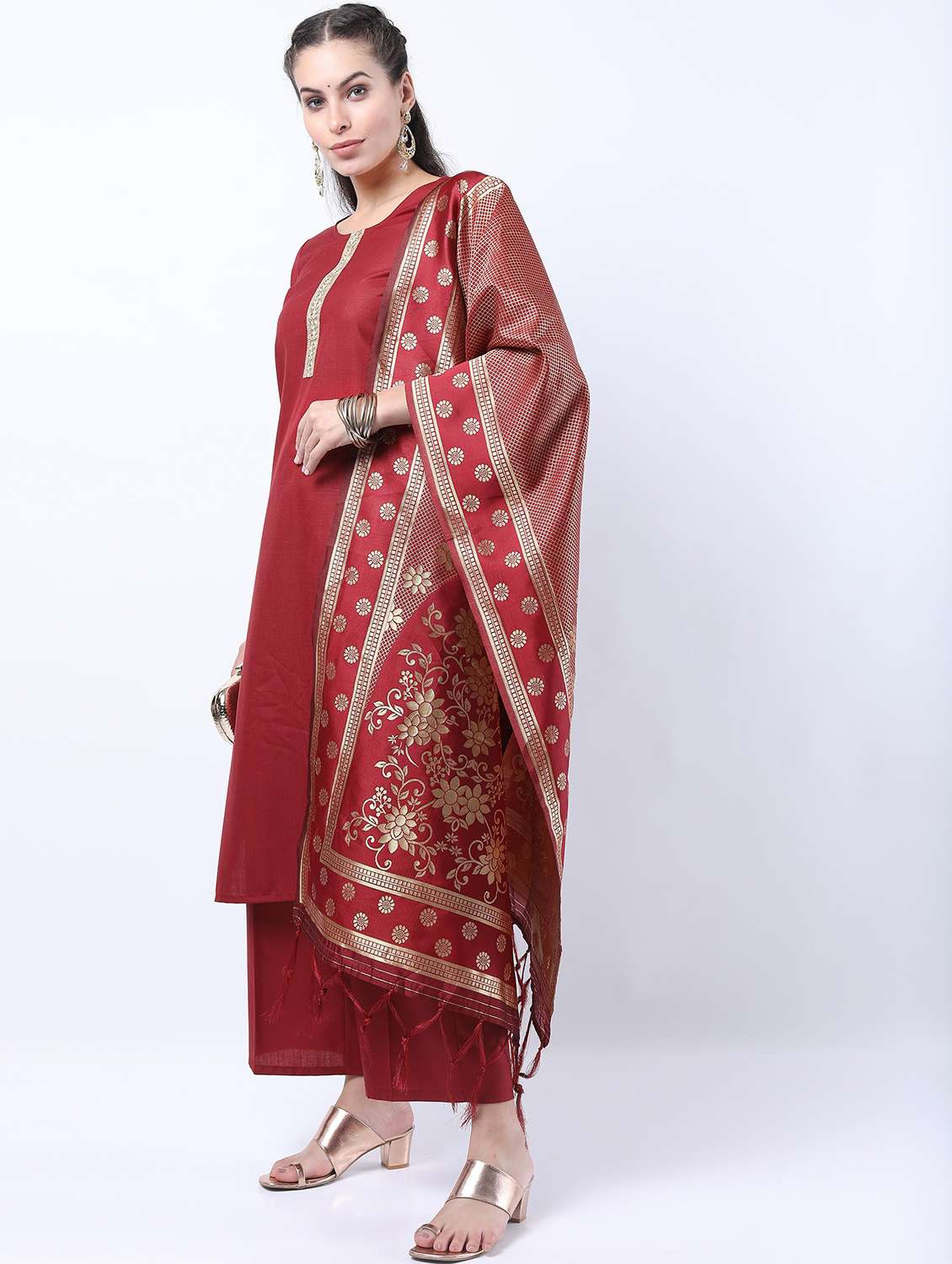 maroon mirror work kurta pant set - 21488434 -  Standard Image - 1