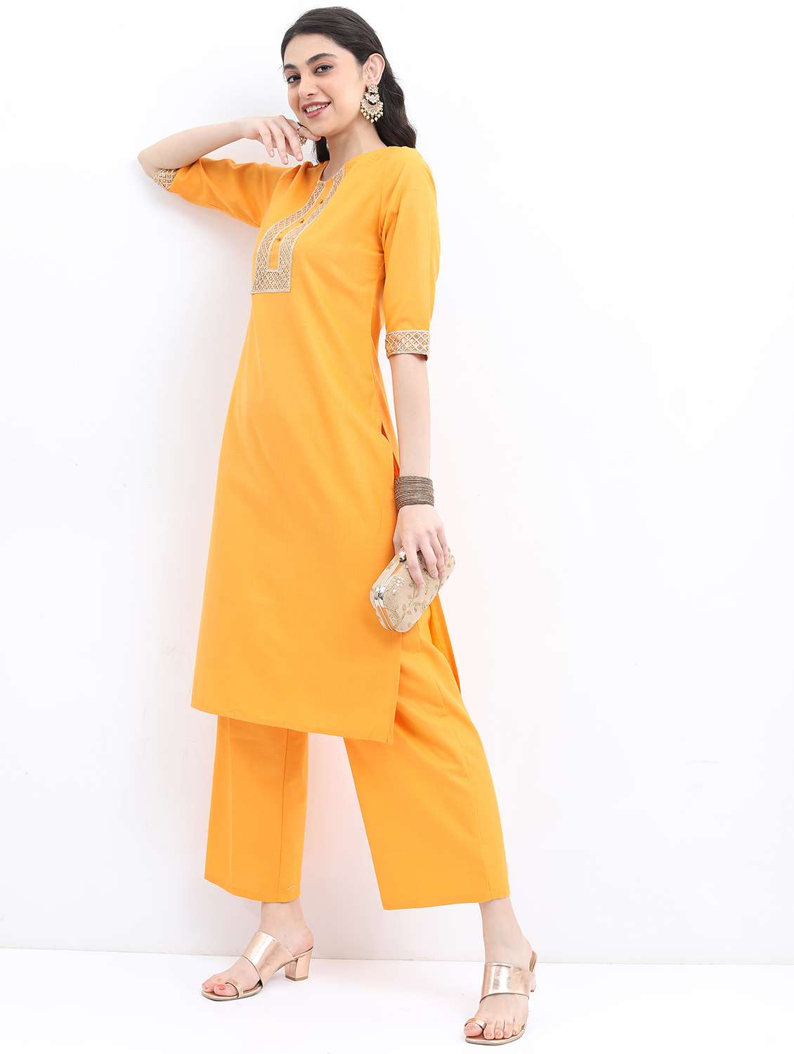 women yellow solid kurta palazzo set - 21488439 -  Standard Image - 1
