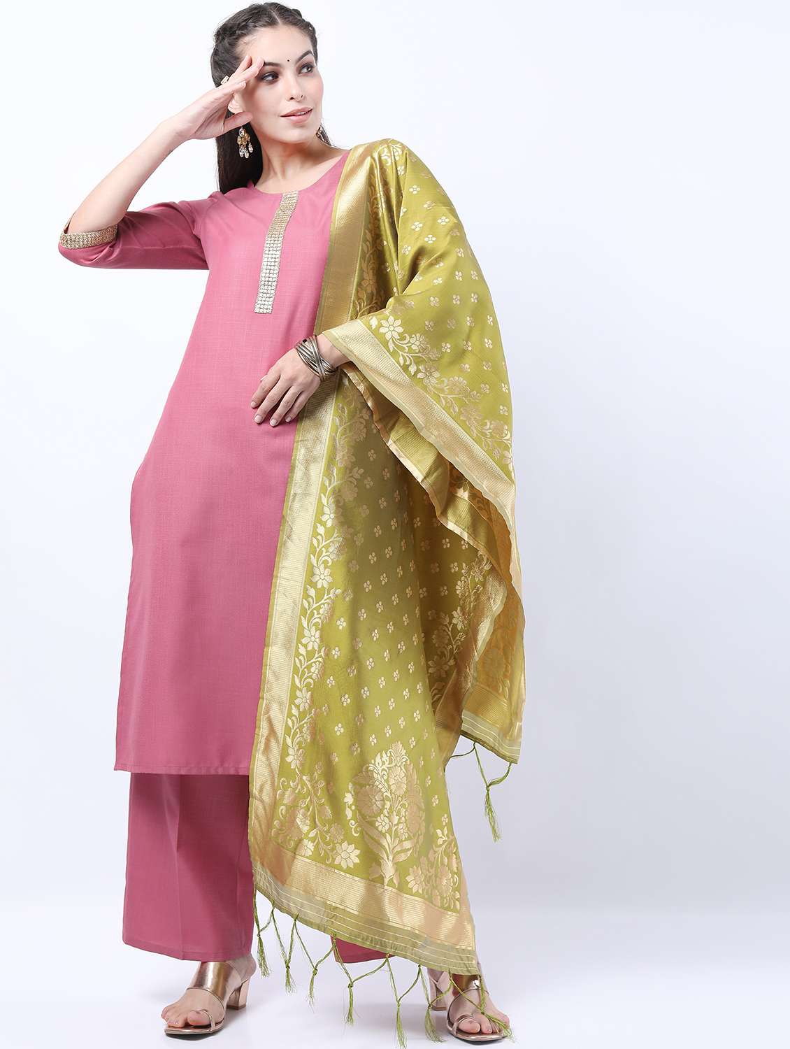 women pink kurta palazzo set with dupatta