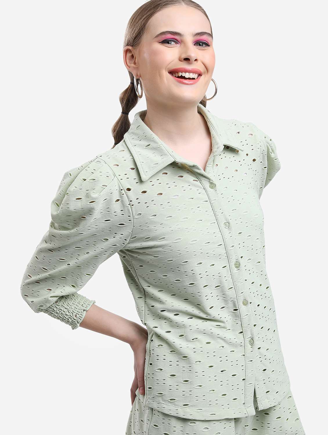 women sea green cotton blend regular shirt