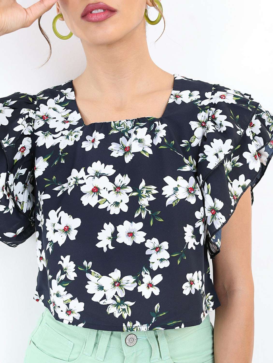 women navy blue cotton blend regular top - 21488477 - Standard Image - 4