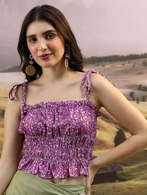 women purple cotton blend crop top - 21488488 -  Standard Image - 0