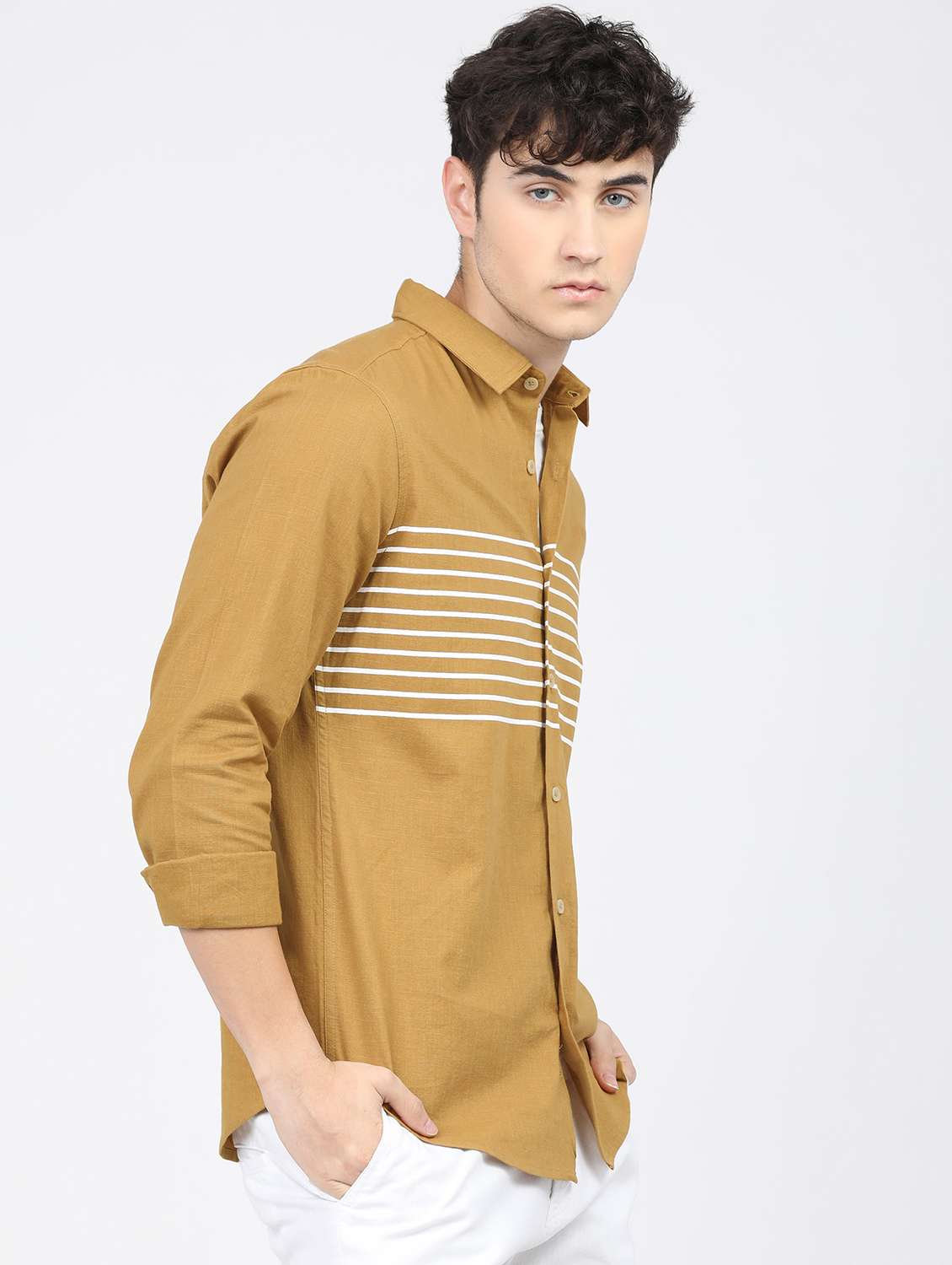 men mustard collared neck casual shirts - 21488516 -  Standard Image - 1