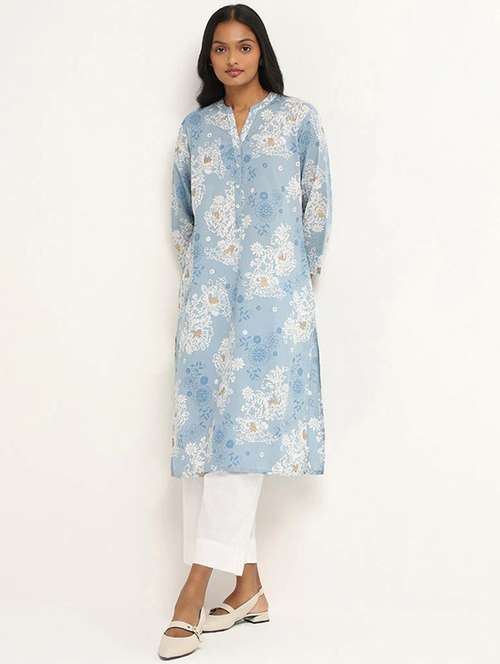women light blue floral rayon straight kurta - 21489055 -  Standard Image - 0