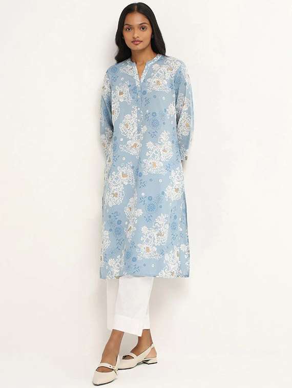 women light blue floral rayon straight kurta - 21489055 -  Zoom Image - 0