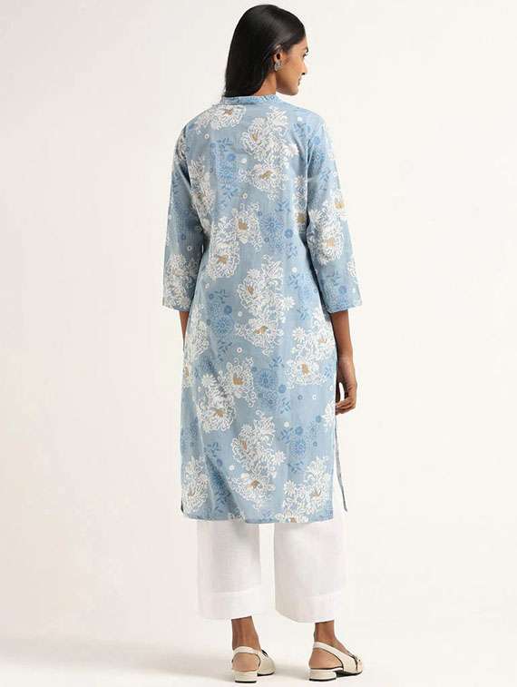women light blue floral rayon straight kurta - 21489055 -  Standard Image - 1