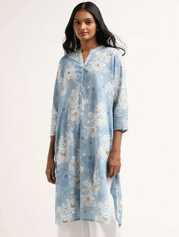 women light blue floral printed straight kurta - 21489072 -  Standard Image - 1