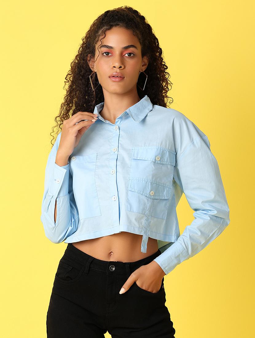 women solid collared long sleeves crop shirt - 21489444 - Zoom Image - 0