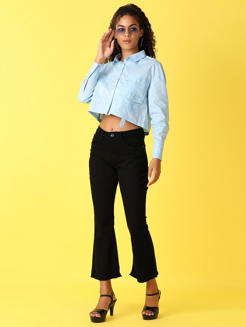 women solid collared long sleeves crop shirt - 21489444 - Standard Image - 4