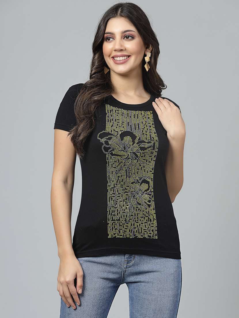 women t-shirt half sleeves round neck design front pane bouquet stone crystal work color black size (s-4xl)