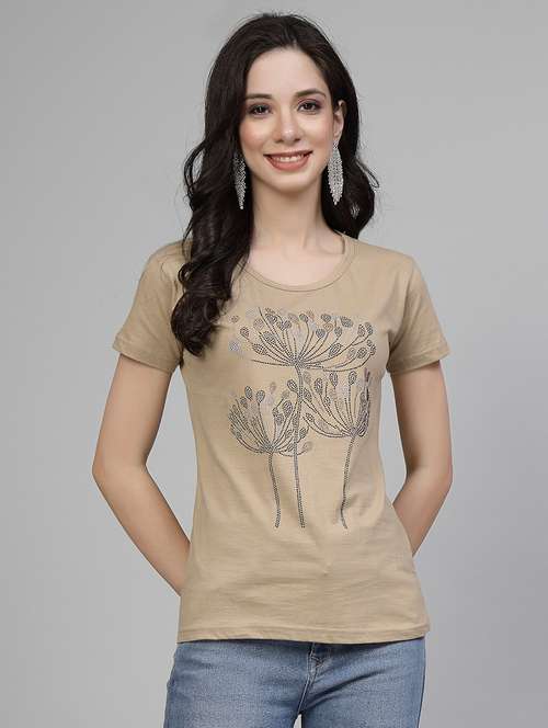 women beige cotton regular t-shirt flame flower stone crystal work size (s-4xl) - 21489810 - Standard Image - 0