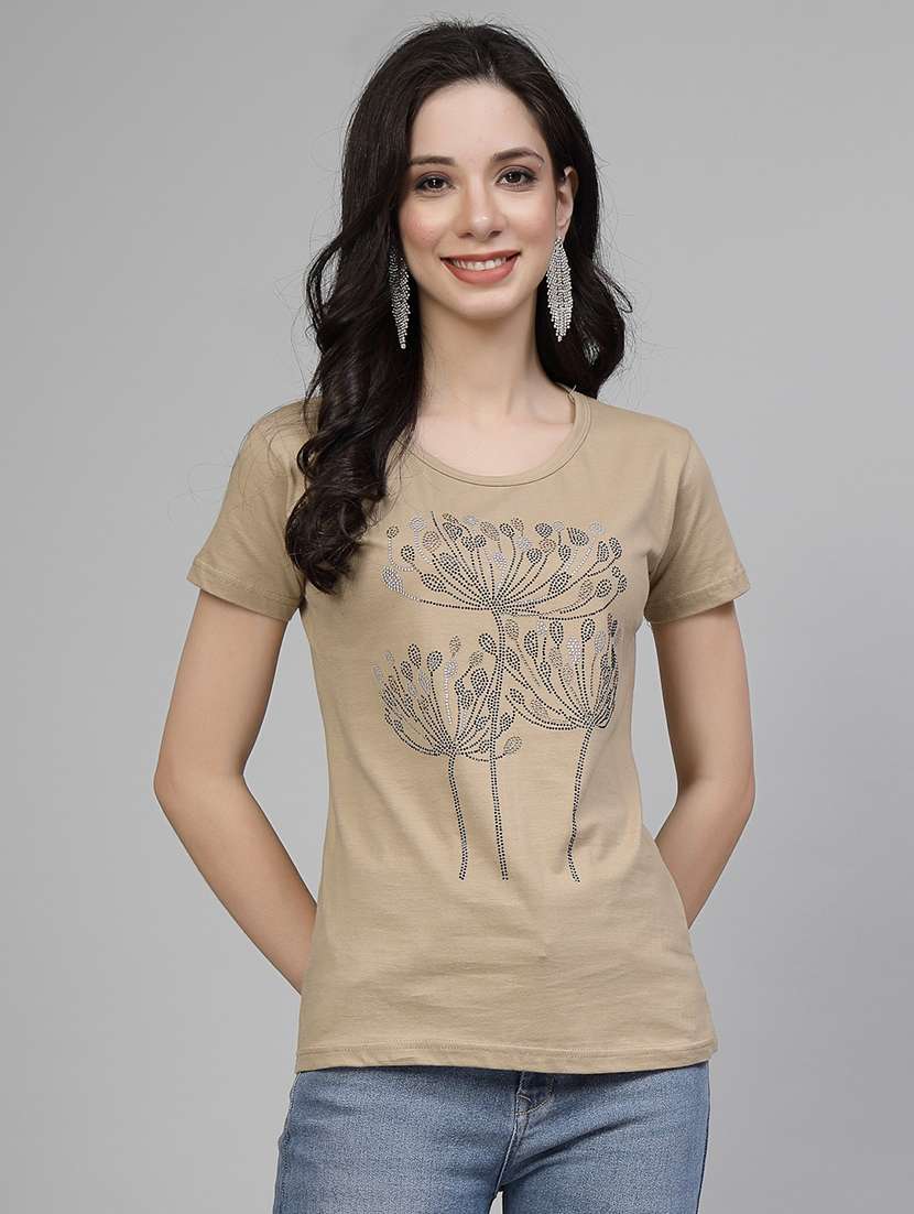 women beige cotton regular t-shirt flame flower stone crystal work size (s-4xl) - 21489810 - Zoom Image - 0
