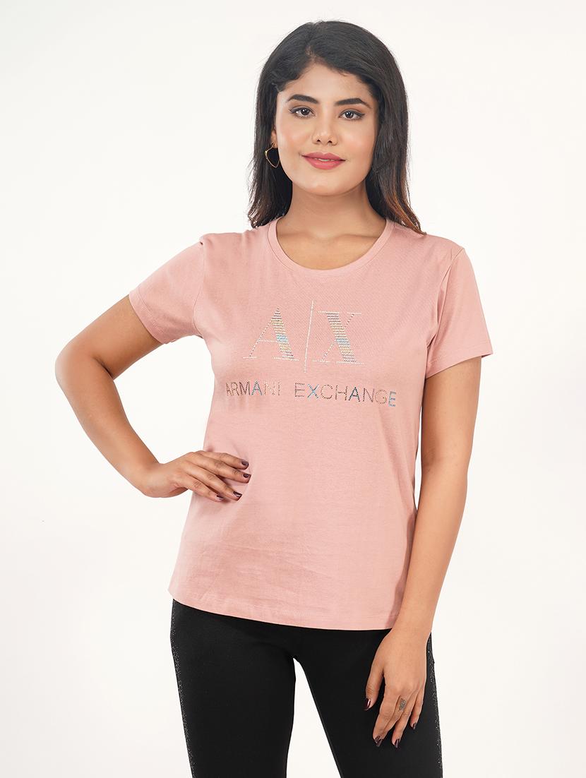 women light pink cotton regular t-shirt a|x crystal work size (s-4xl) - 21489811 - Zoom Image - 0