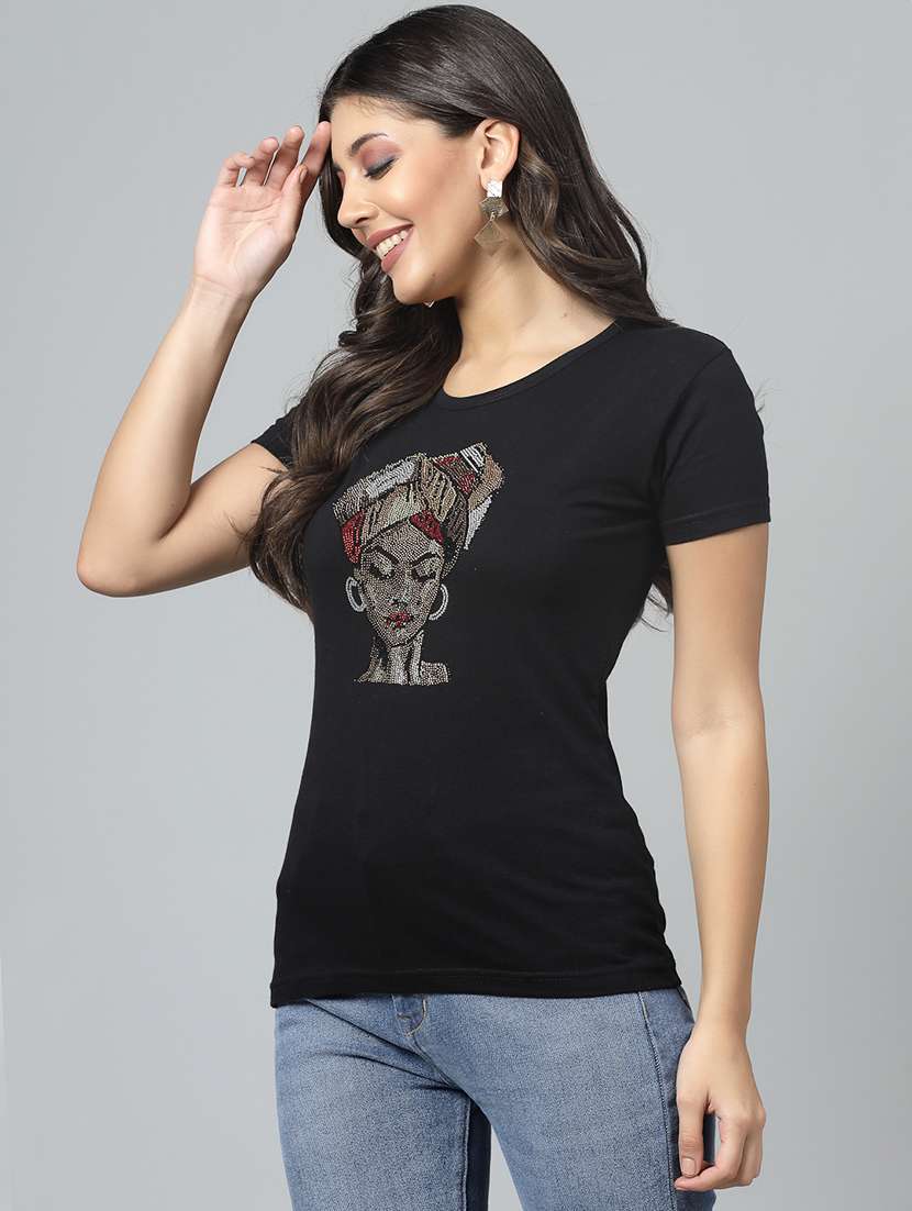 women black cotton regular t-shirt crystal work size (s-4xl) - 21490144 -  Standard Image - 1