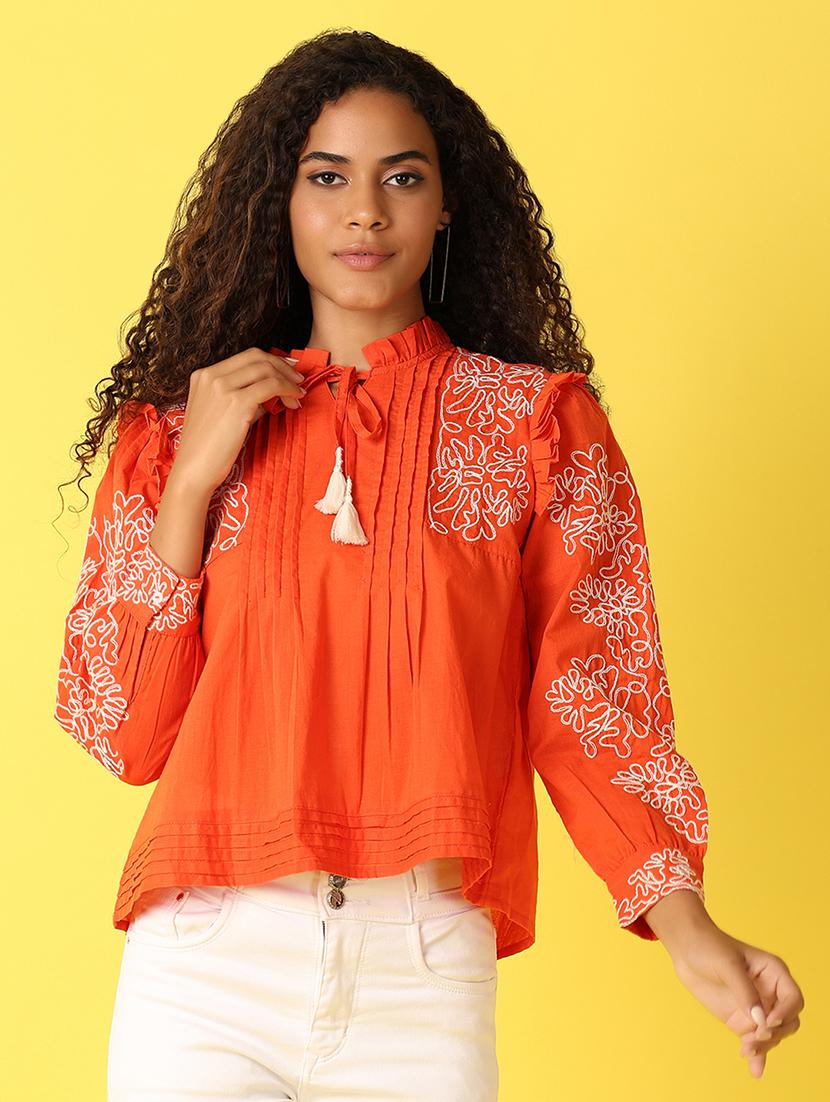 women embroidered three quarter sleeves a-line top - 21490195 -  Zoom Image - 0