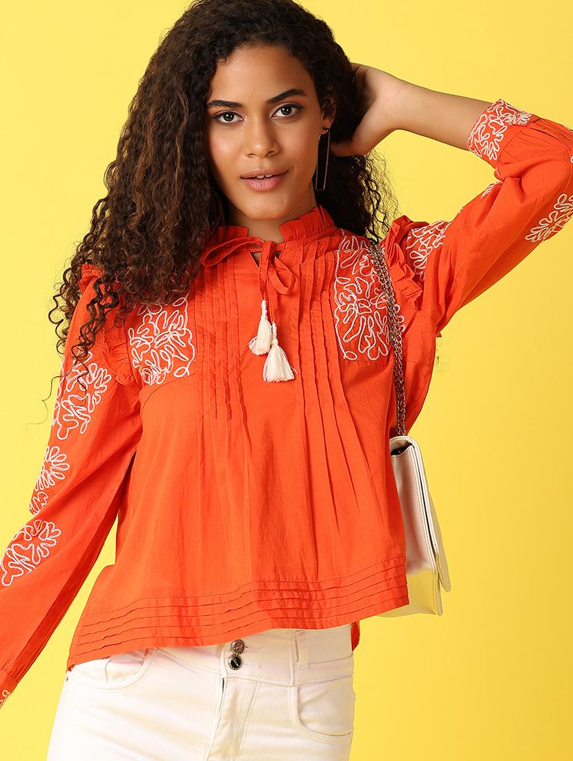 women embroidered three quarter sleeves a-line top - 21490195 -  Standard Image - 1