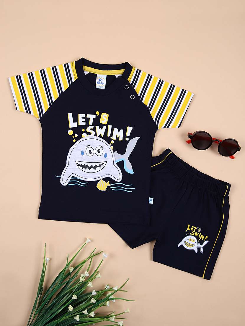 boys navy blue printed shorts set