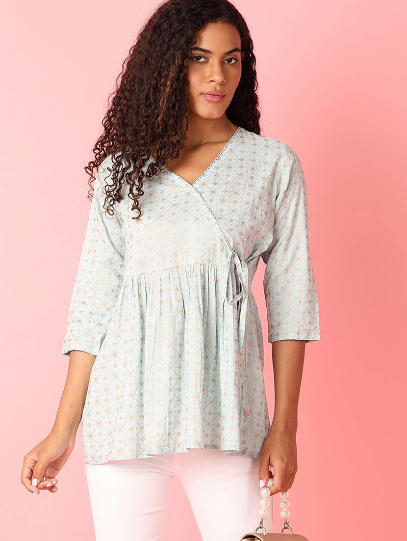 women light blue printed wrap top