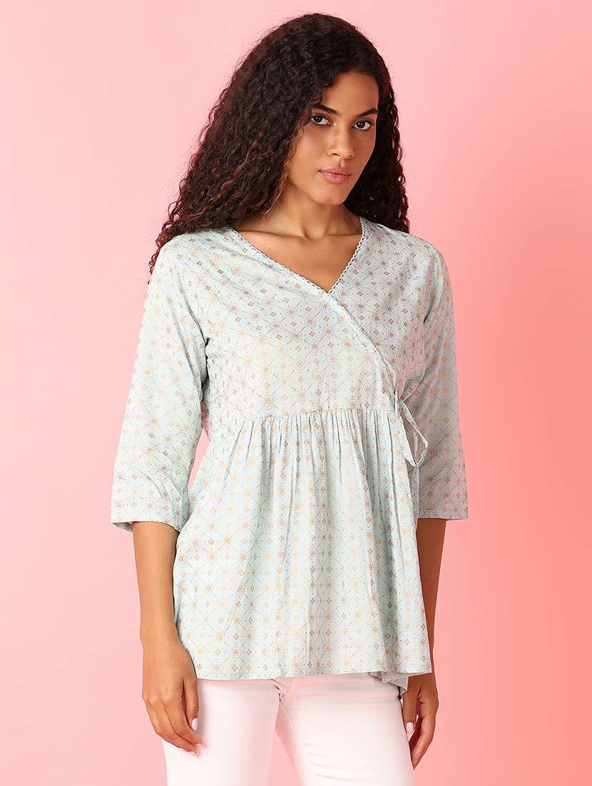 women light blue printed wrap top - 21490290 -  Standard Image - 1