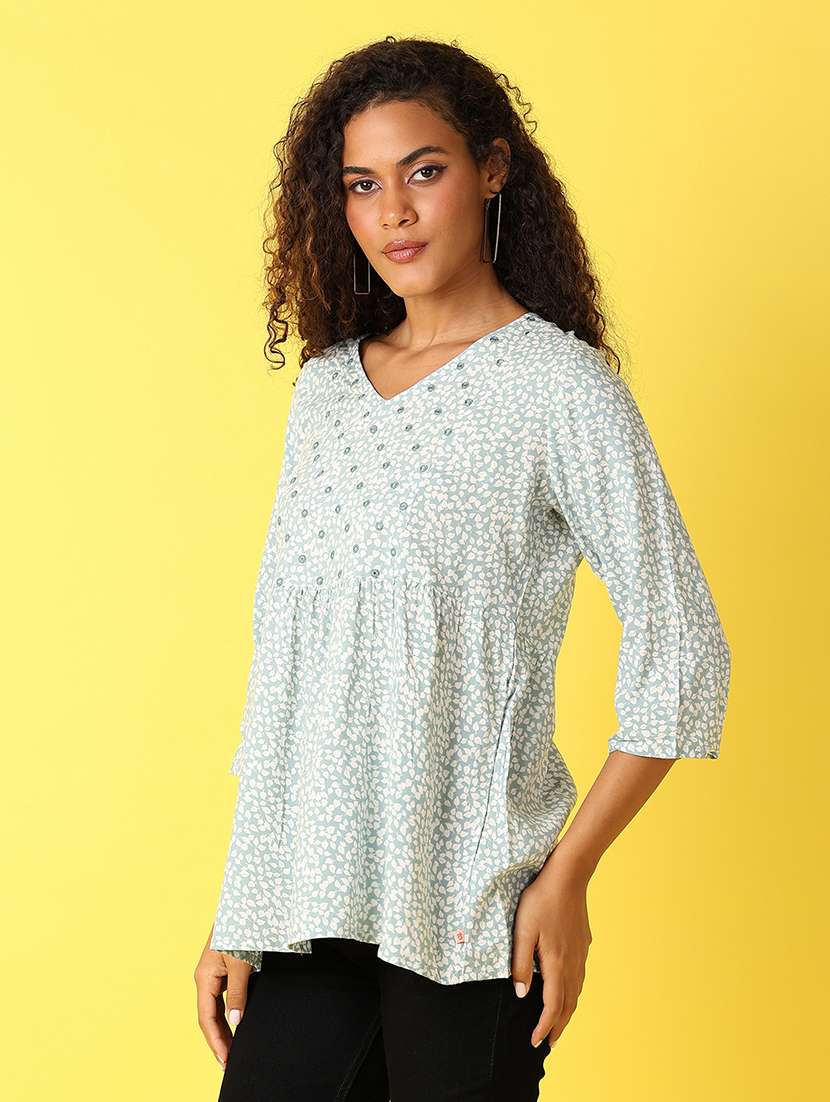women light blue peinted flared kurti - 21490292 -  Standard Image - 1