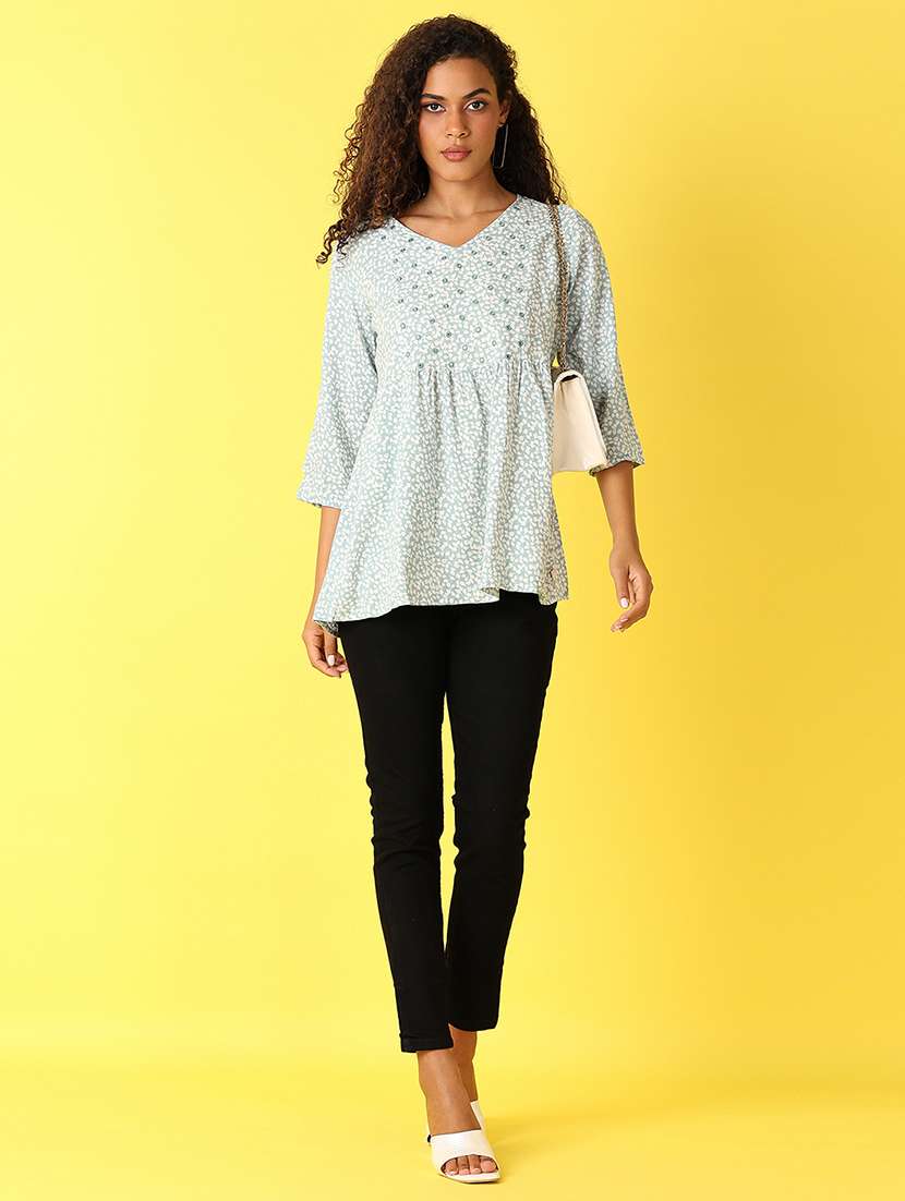 women light blue peinted flared kurti - 21490292 -  Standard Image - 4
