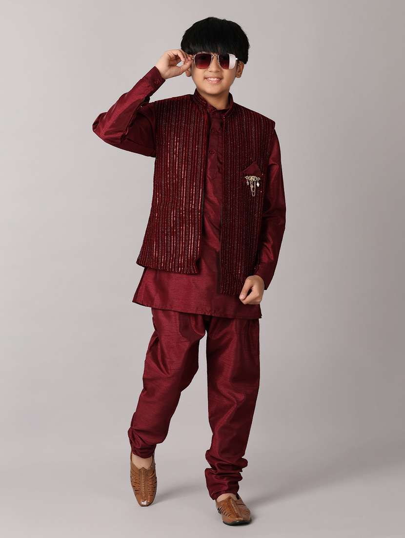 boys maroon cotton kurta set - 21490420 -  Standard Image - 1