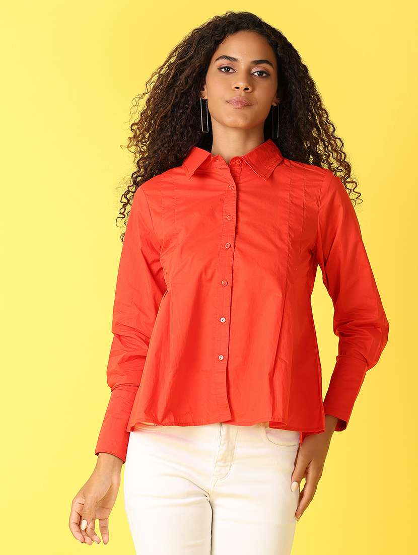 women solid collared long sleeves regular shirt