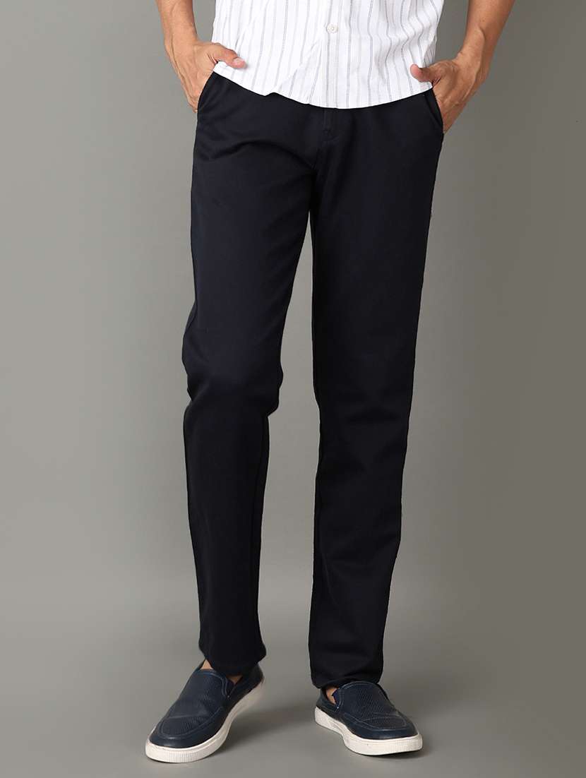 men navy blue solid chinos casual trouser - 21490653 -  Standard Image - 1
