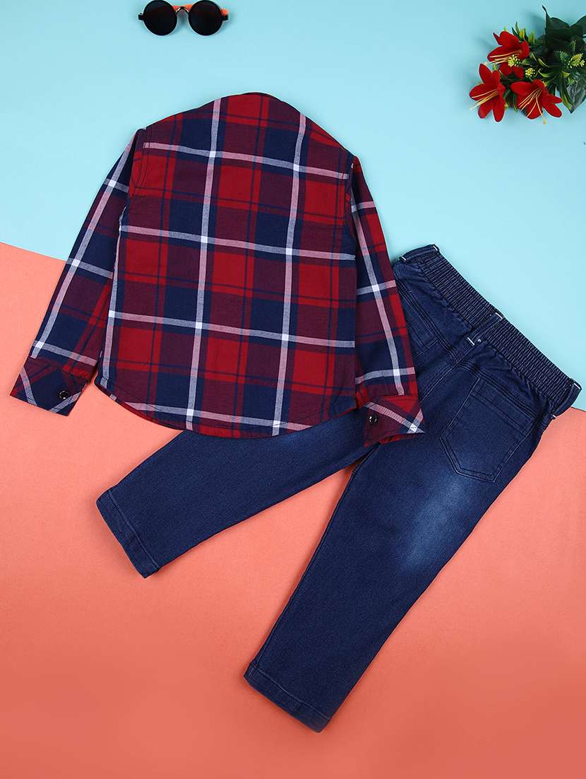 boys checked printed long sleeves shirt & jeans set - 21490973 - Standard Image - 1