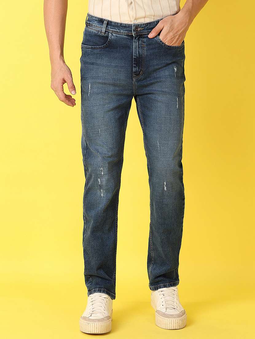 men mid rise distressed straight fit denim jeans