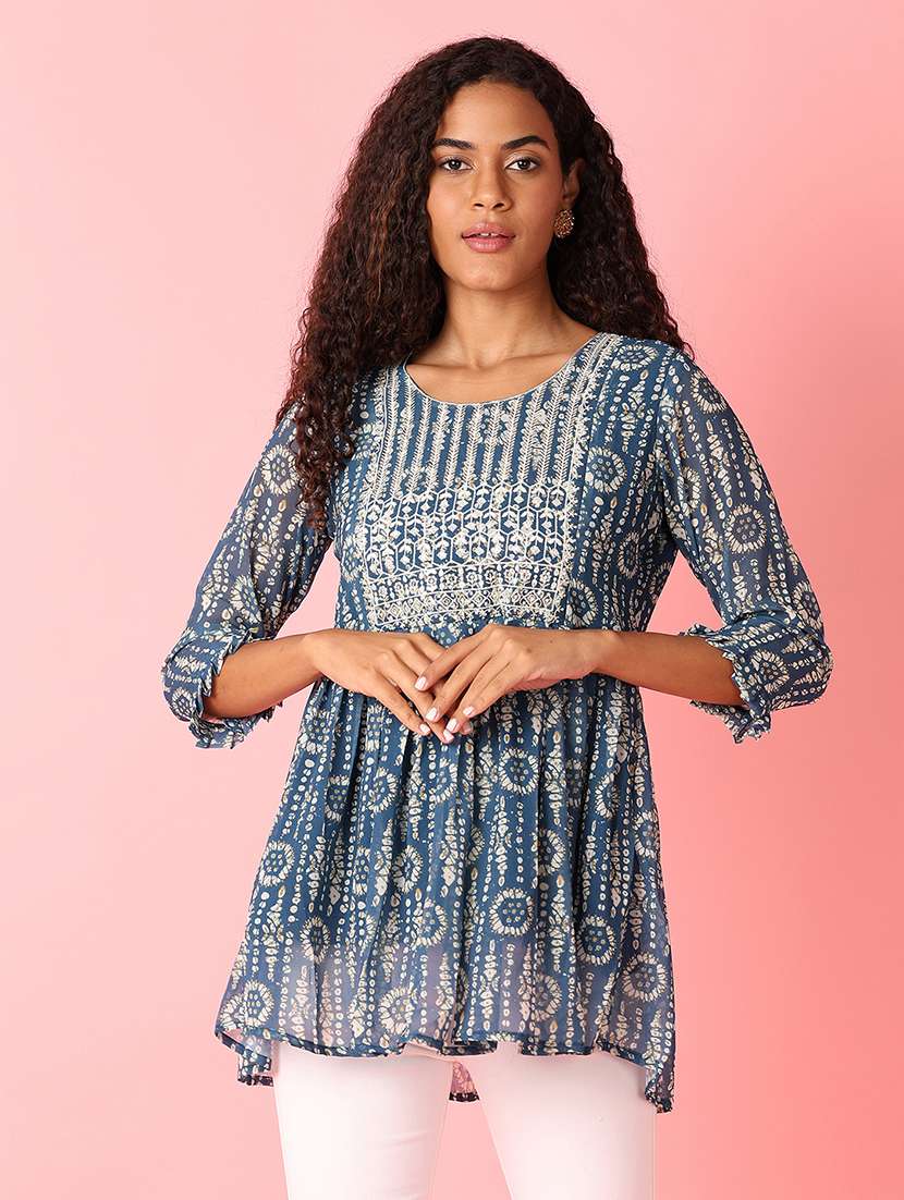 women blue cotton flared kurti