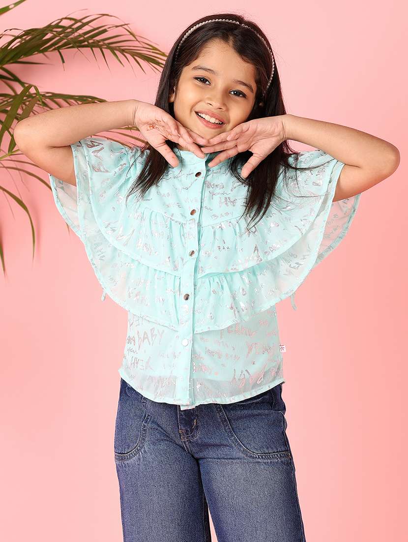 girls light blue foil print round neck top - 21491157 - Standard Image - 1
