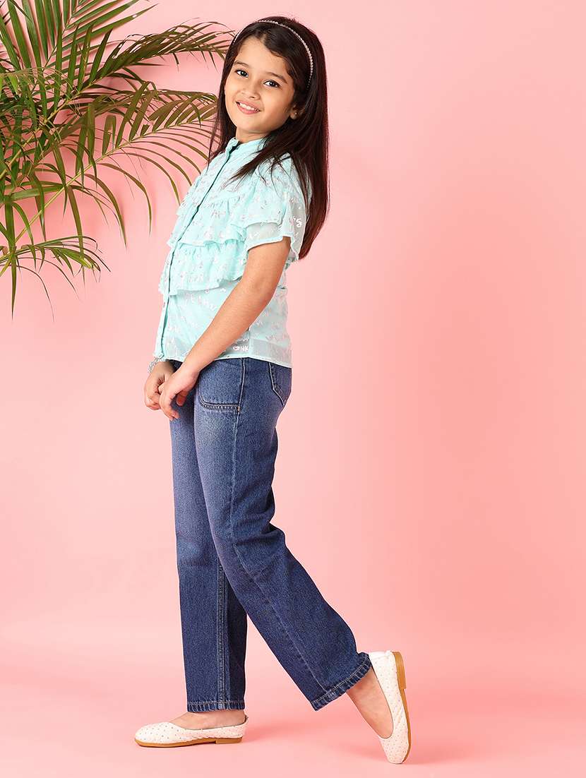 girls light blue foil print round neck top - 21491157 - Standard Image - 4