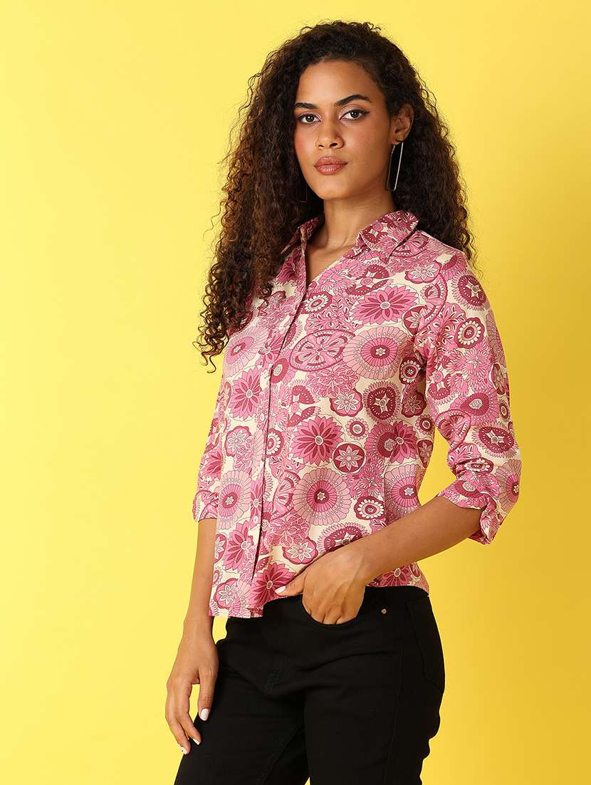 women printed three quarter sleeves collared shirt - 21491332 - Standard Image - 1