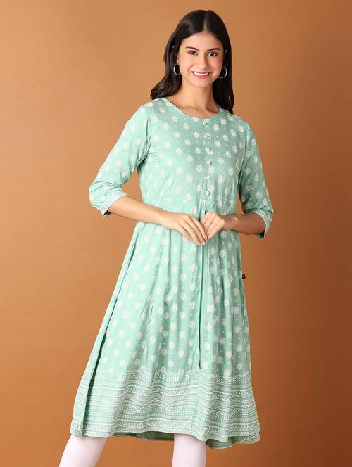 women three quarter sleeve flared kurta - 21491471 -  Standard Image - 0