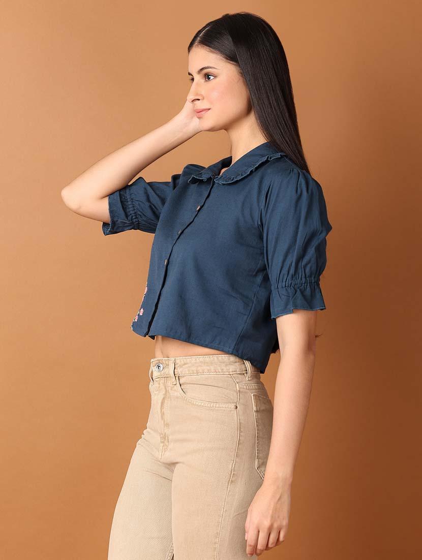 women solid puff sleeves crop top - 21491484 -  Standard Image - 1