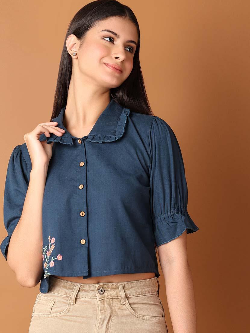women solid puff sleeves crop top - 21491484 - Standard Image - 4