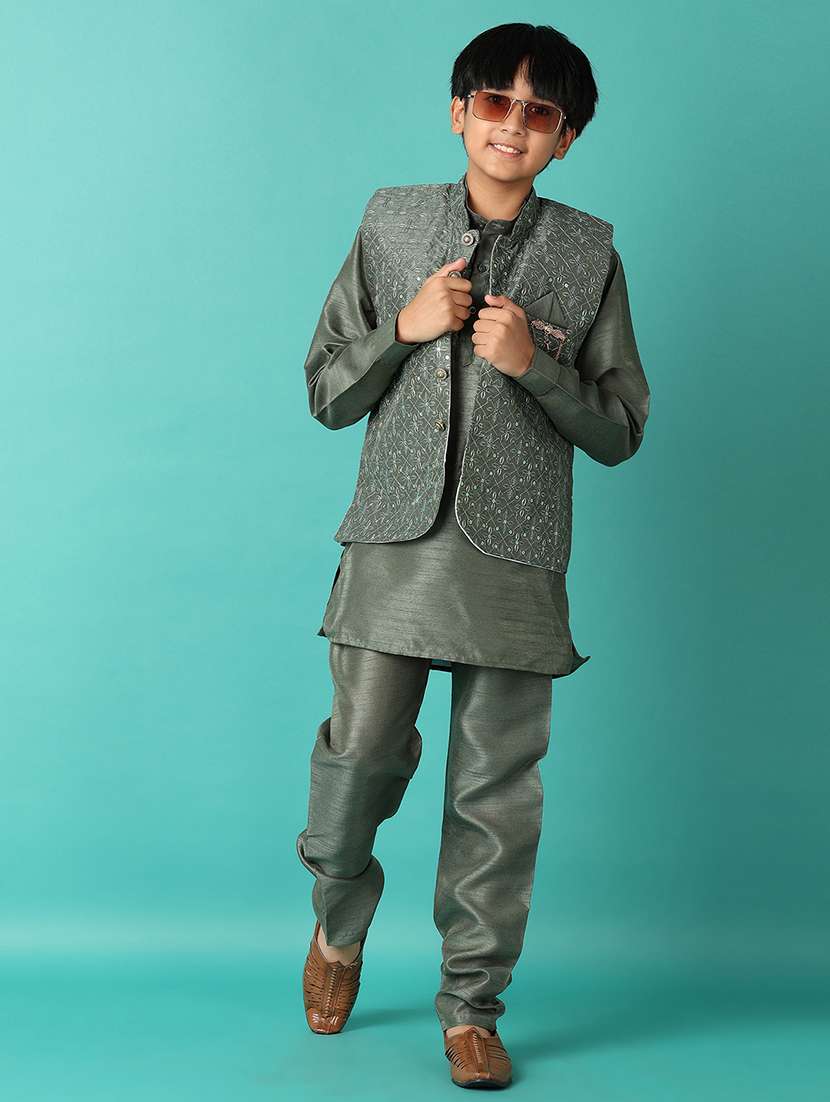boys embroidered detailed kurta set with jacket - 21492325 -  Standard Image - 1