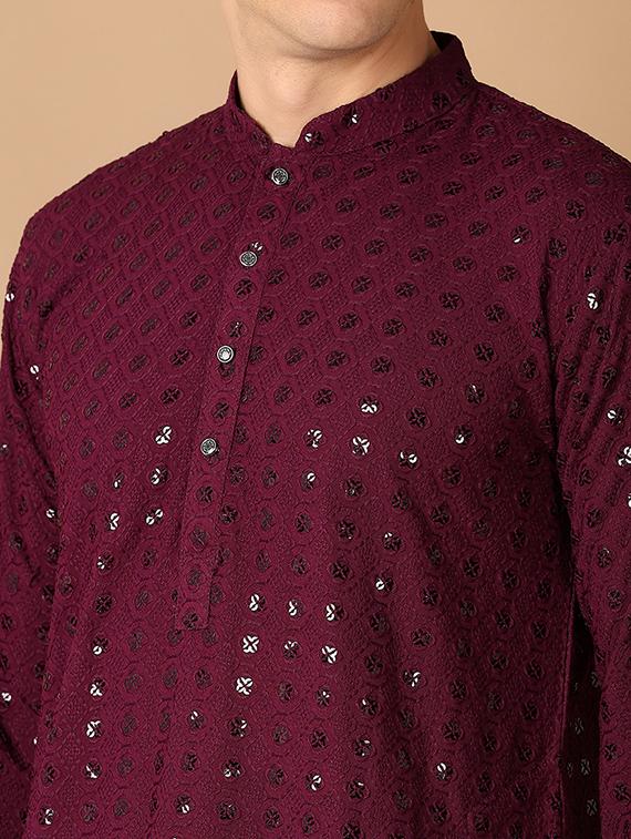 men purple self-designed kurta pyjama set - 21492335 - Standard Image - 4