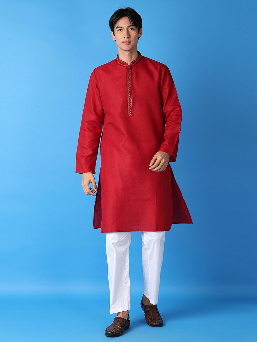 men maroon embroidered kurta pyjama set - 21492337 - Zoom Image - 0