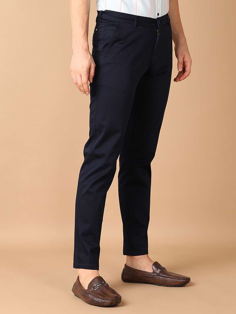 men navy blue solid chinos casual trouser - 21492357 -  Standard Image - 1